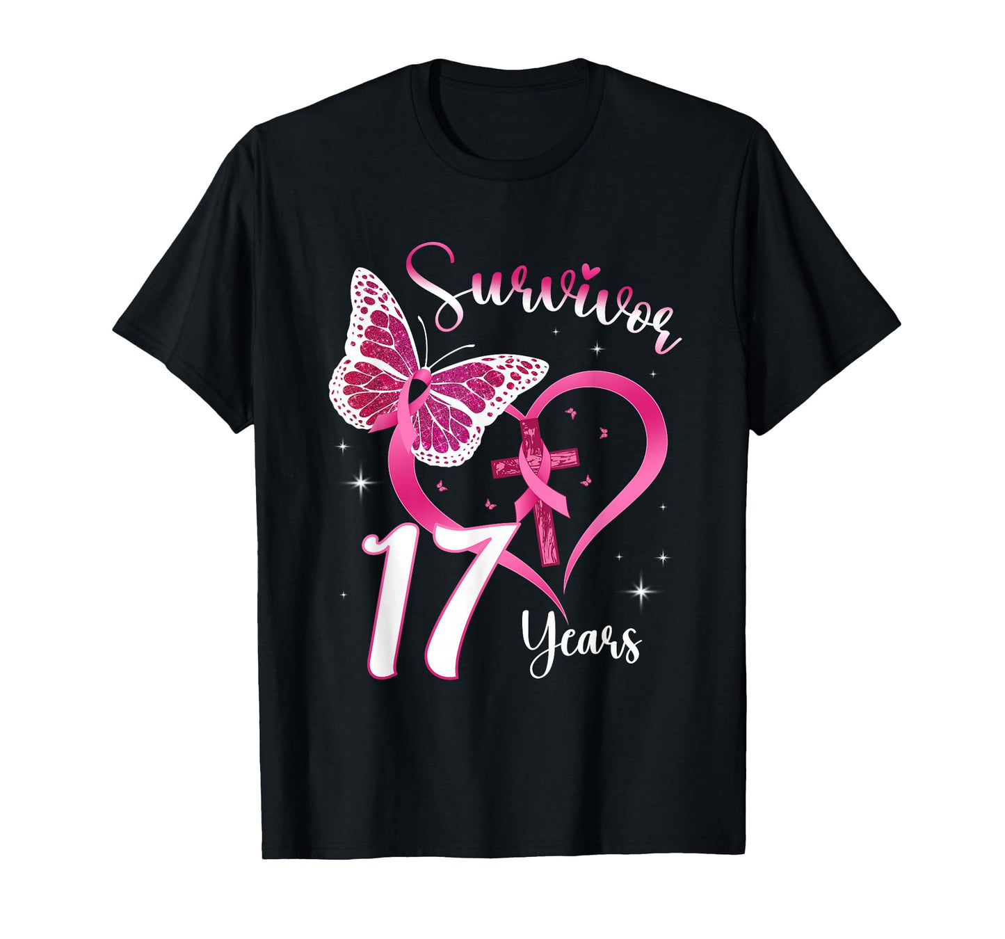 Breast Cancer Survivor Pink Ribbon Butterfly 17 Years Gift T-Shirt