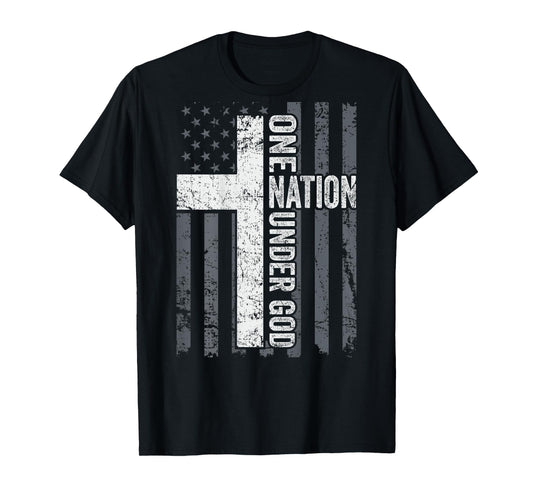 ONE NATION UNDER GOD - Christian Worship Cross Flag -ON BACK T-Shirt