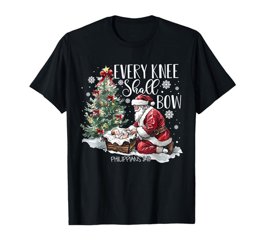 Every Knee Shall Bow Santa Christmas Nativity Scene Xmas T-Shirt