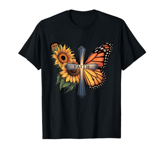 Faith Cross Sunflower Butterfly Christian Vintage T-Shirt