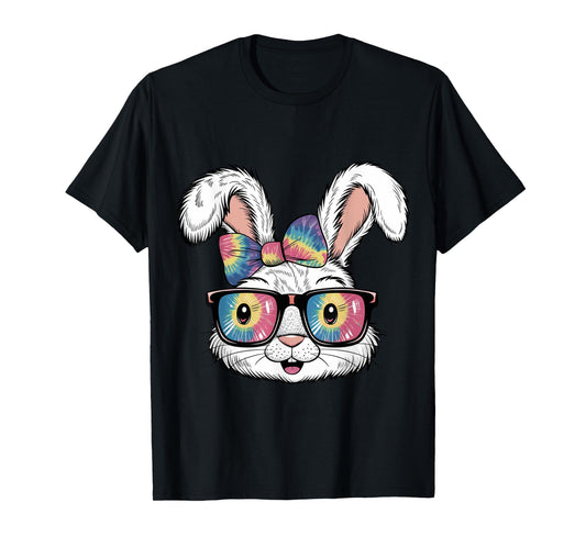 Cute Bunny Rabbit Face Tie Dye Glasses Girl Happy Easter Day T-Shirt