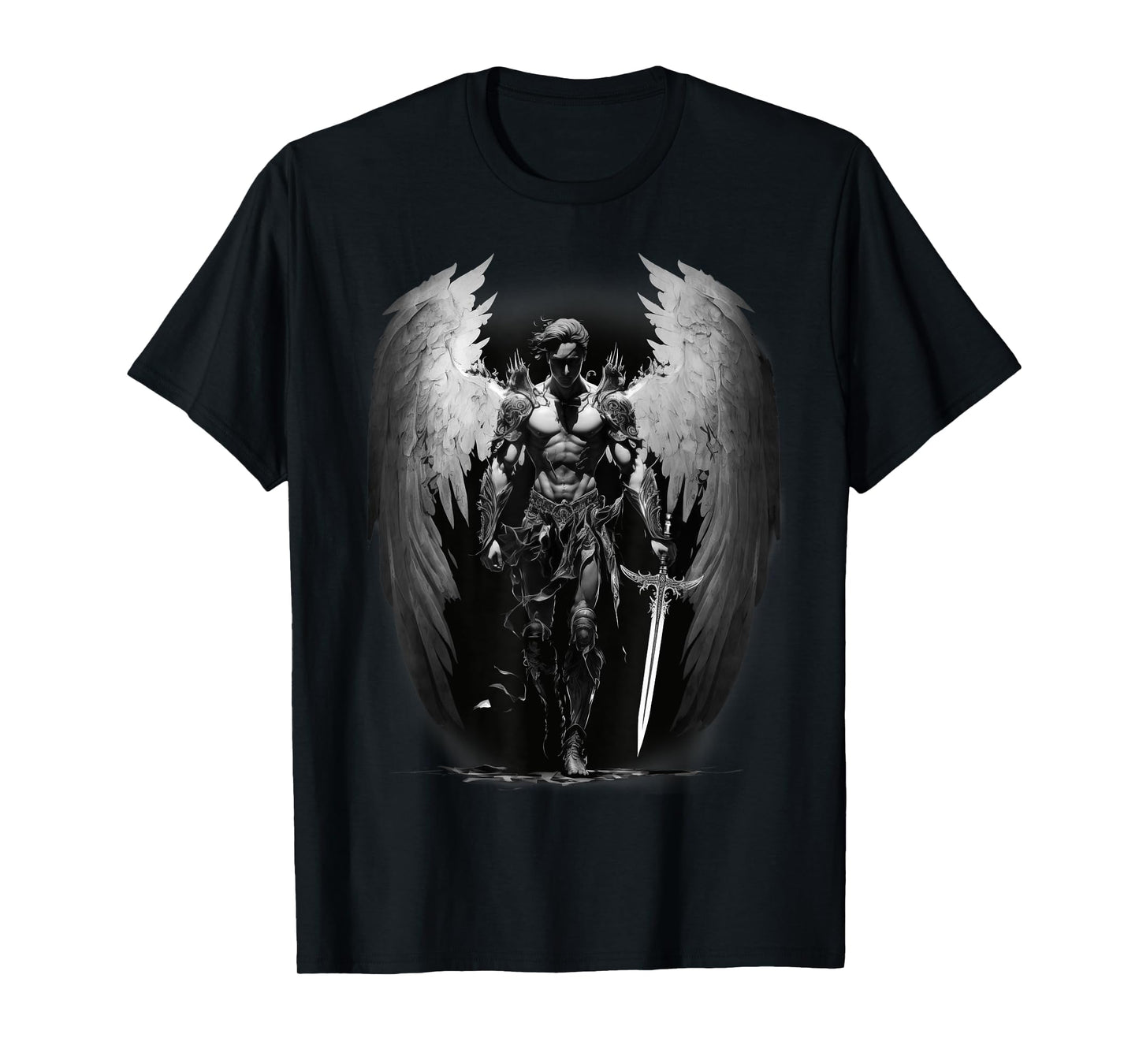 Angel Archangel with Sword, Wings in B&W Walking to Fight. T-Shirt