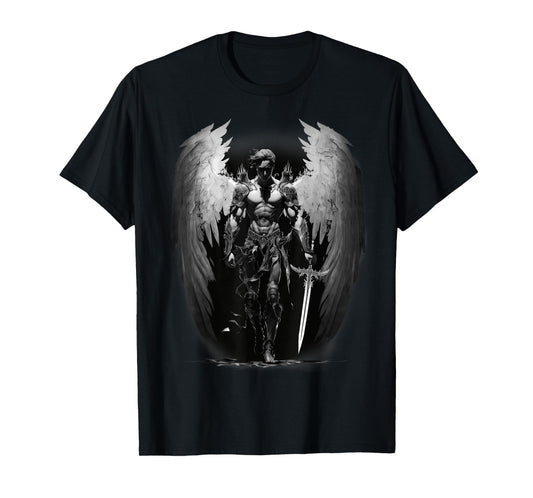 Angel Archangel with Sword, Wings in B&W Walking to Fight. T-Shirt