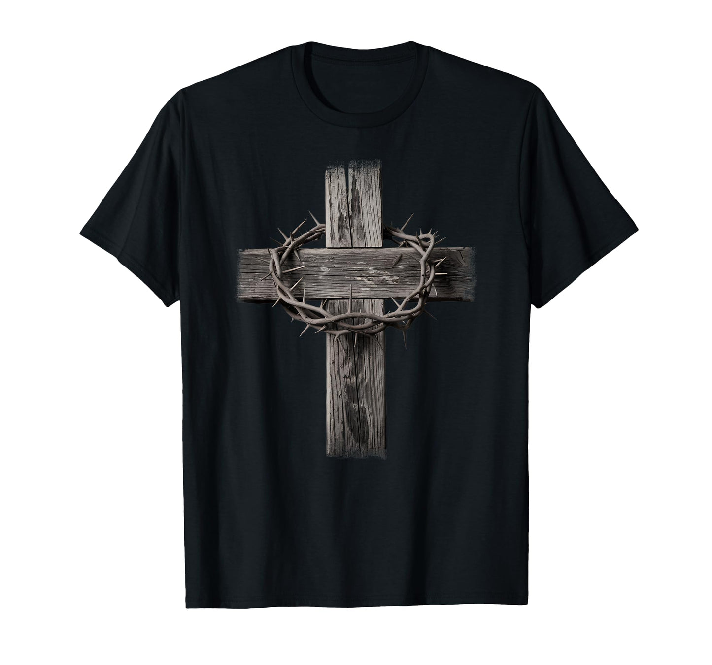 Rustic Wooden Cross Graphic Crown of Thorns Christian Faith T-Shirt