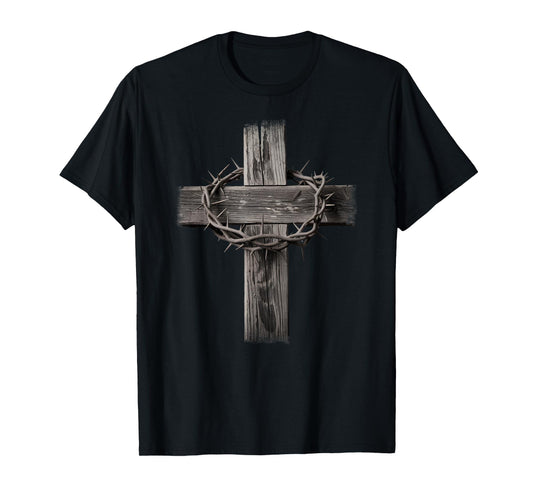 Rustic Wooden Cross Graphic Crown of Thorns Christian Faith T-Shirt