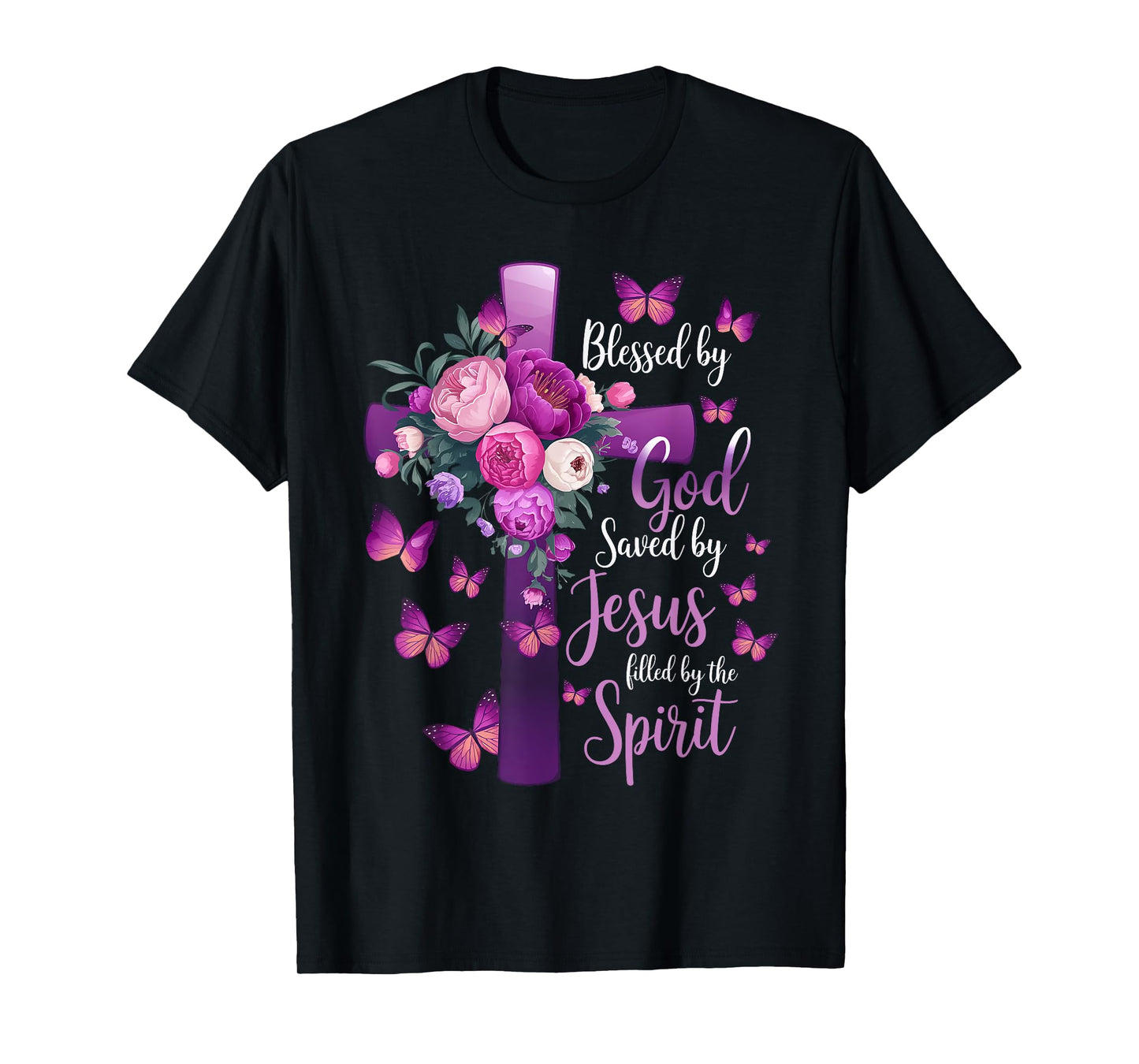 Blessed by God Saved by Jesus Purple Floral Cross Christian T-Shirt