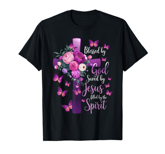 Blessed by God Saved by Jesus Purple Floral Cross Christian T-Shirt