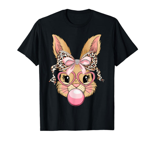 Cute Bunny Rabbit Face Leopard Glasses Girl Happy Easter Day T-Shirt
