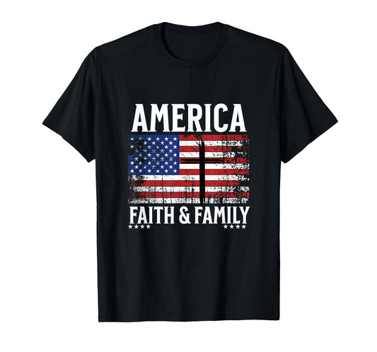 America Faith & Family Flag With Cross Patriotic 4th of July T-Shirt for Women Kids Men