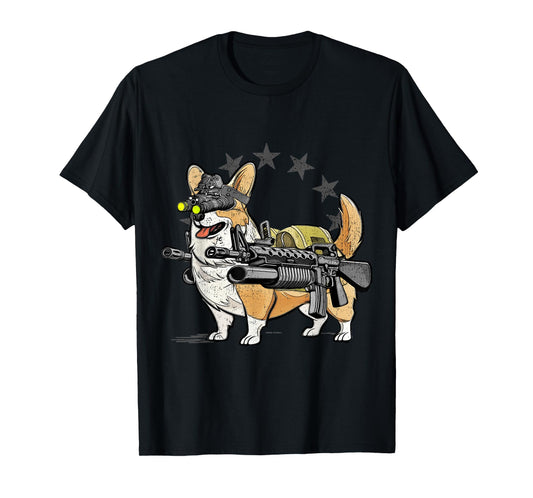 1 Nation Unisex-Adults Combat Corgi Patriotic Cartoon T-Shirt, Black, Small, Short Sleeve