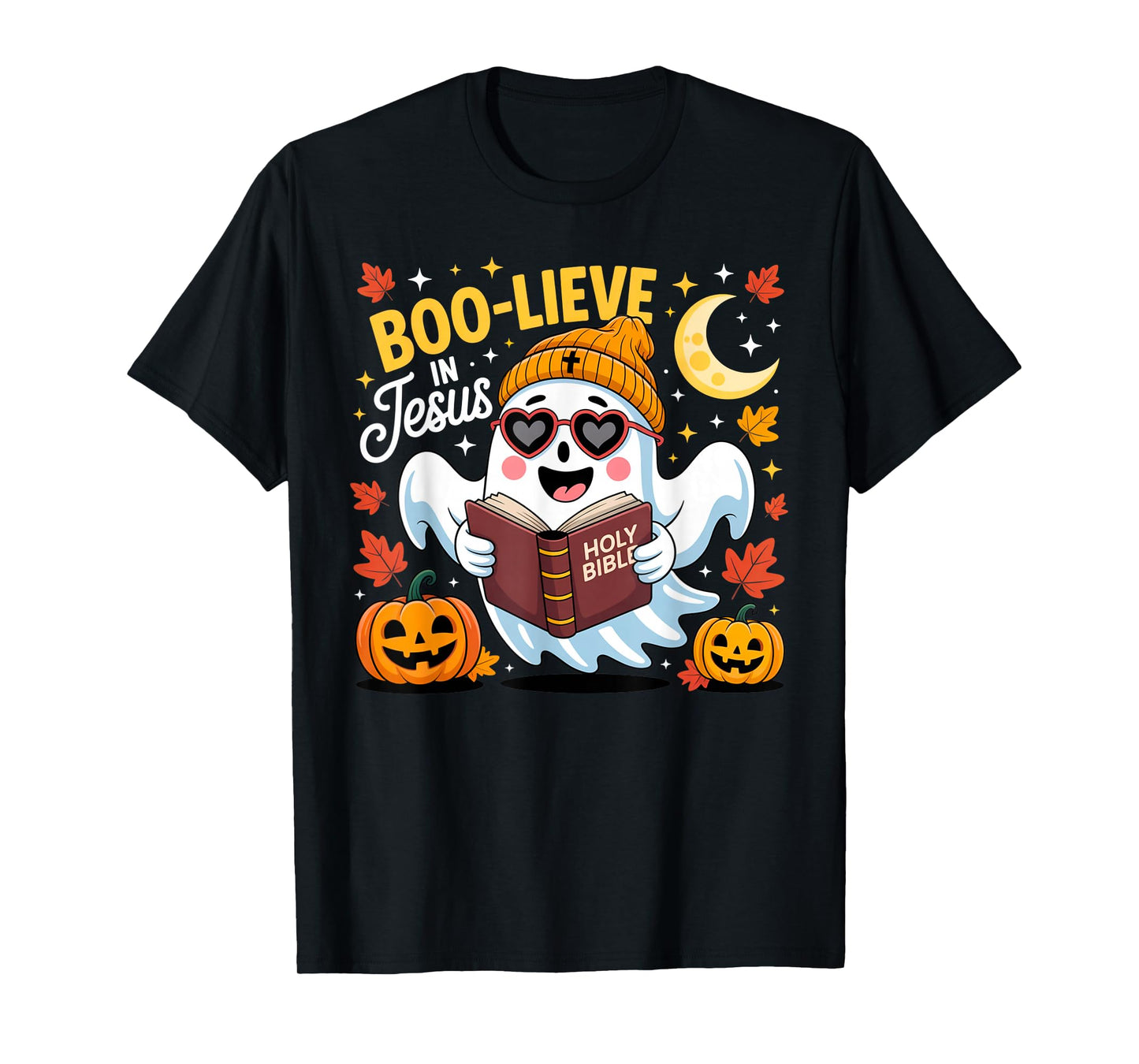 Boo-Lieve in Jesus Ghost Christian Halloween Funny Crew T-Shirt