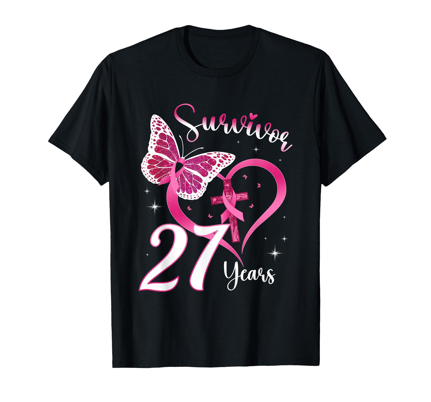 Breast Cancer Survivor Pink Ribbon Butterfly 27 Years Gift T-Shirt