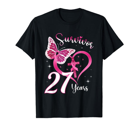 Breast Cancer Survivor Pink Ribbon Butterfly 27 Years Gift T-Shirt