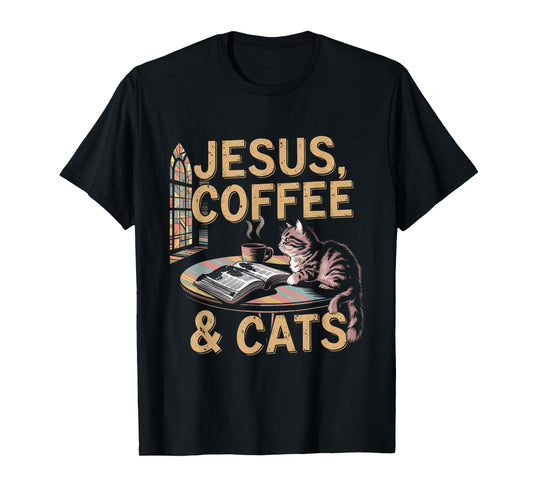 Jesus Coffee Cats Funny Cute Design Jesus Lovers Christian T-Shirt
