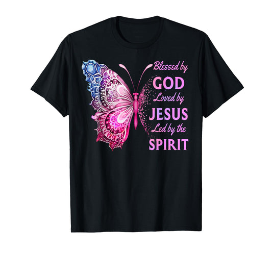 Blessed by God Loved by Jesus Pink Butterfly Christian T-Shirt