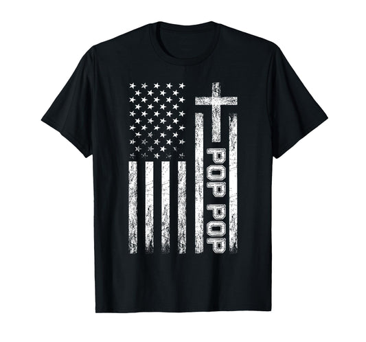 Pop Pop USA American Flag Cross Christian Grandpa Patriotic T-Shirt