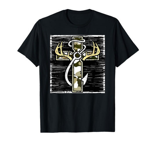 Hunting Fishing Cross Camo Faith Christian Fisherman Hunter T-Shirt