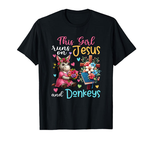 Girl Runs On Jesus And Donkeys Cute Flowers Christian Cross T-Shirt