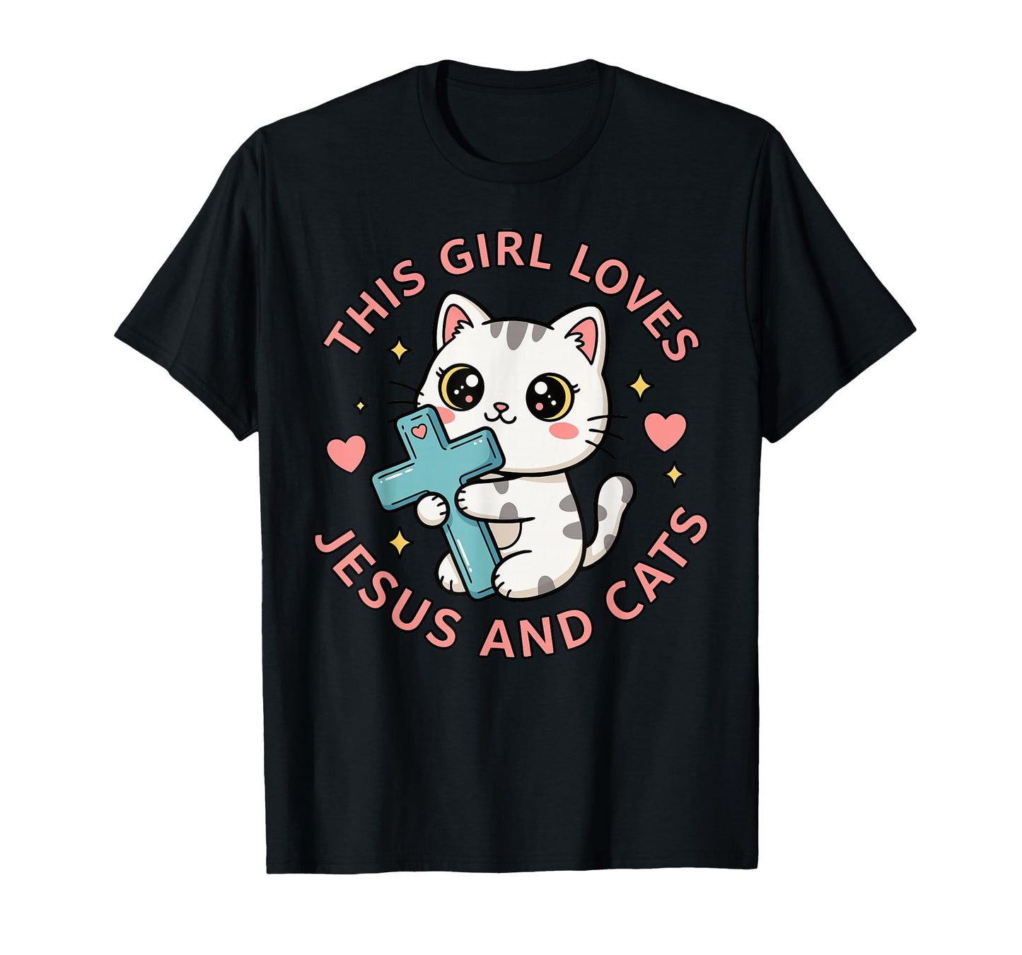 Christian This Girl Loves Jesus and Cats Cat Hugging Cross T-Shirt