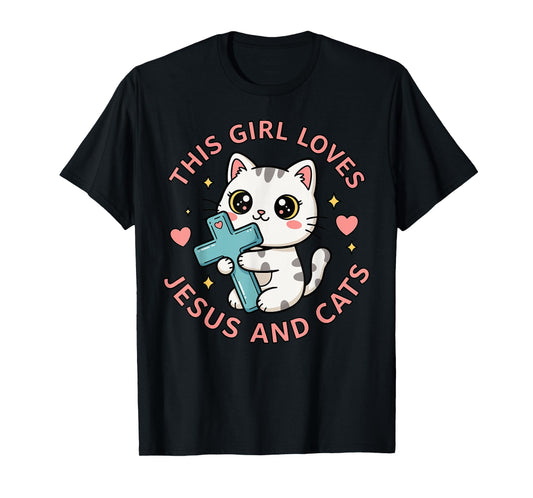 Christian This Girl Loves Jesus and Cats Cat Hugging Cross T-Shirt