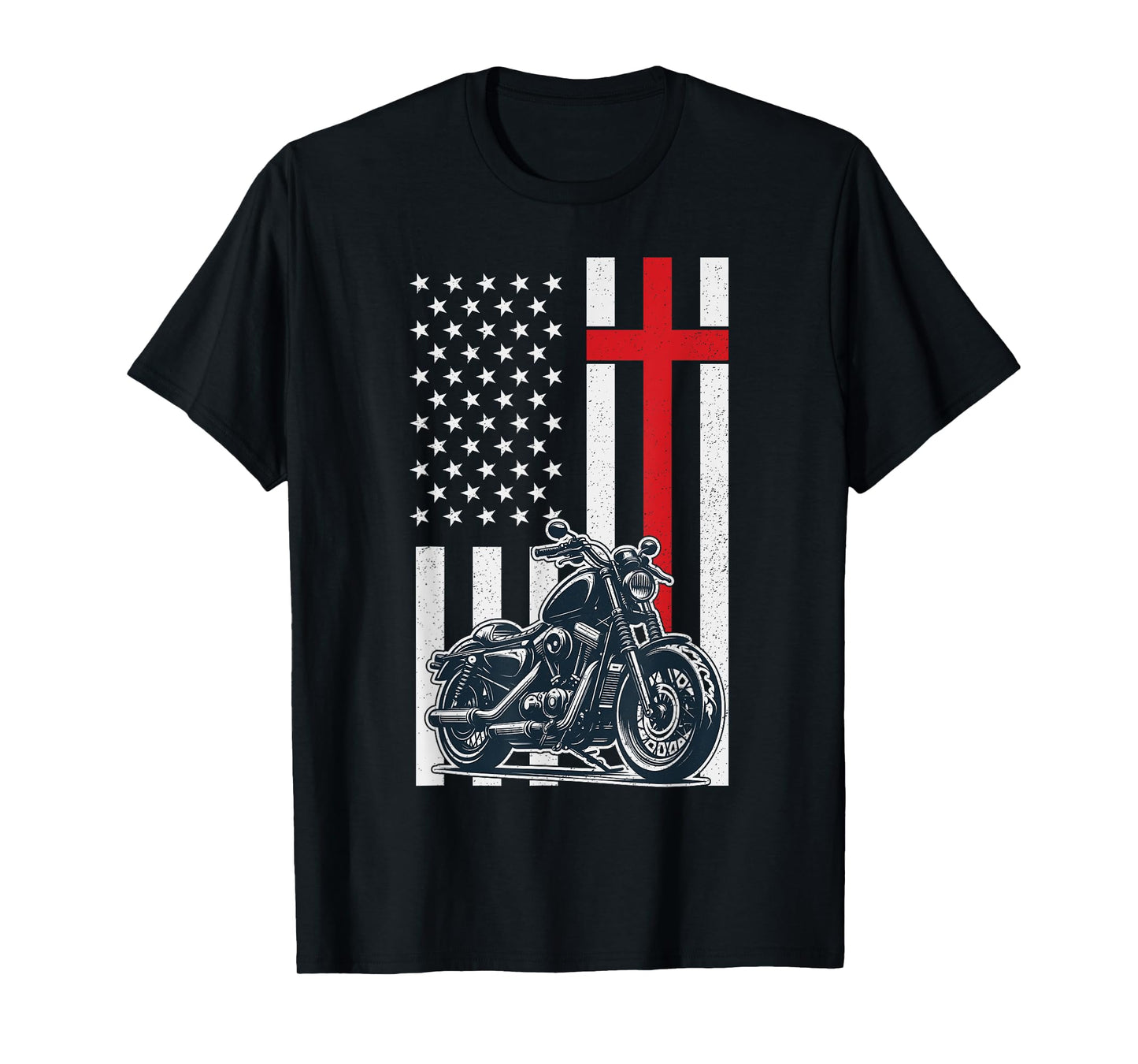 Christian Biker Motorcycle American Flag Cross T-Shirt