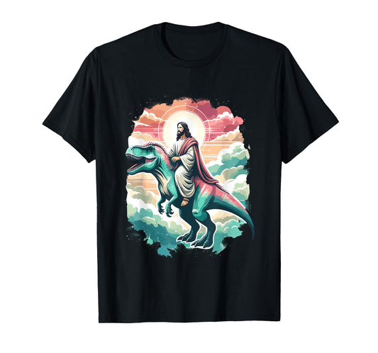 Funny Jesus Riding T-Rex Dinosaur Meme Parody for Believers T-Shirt