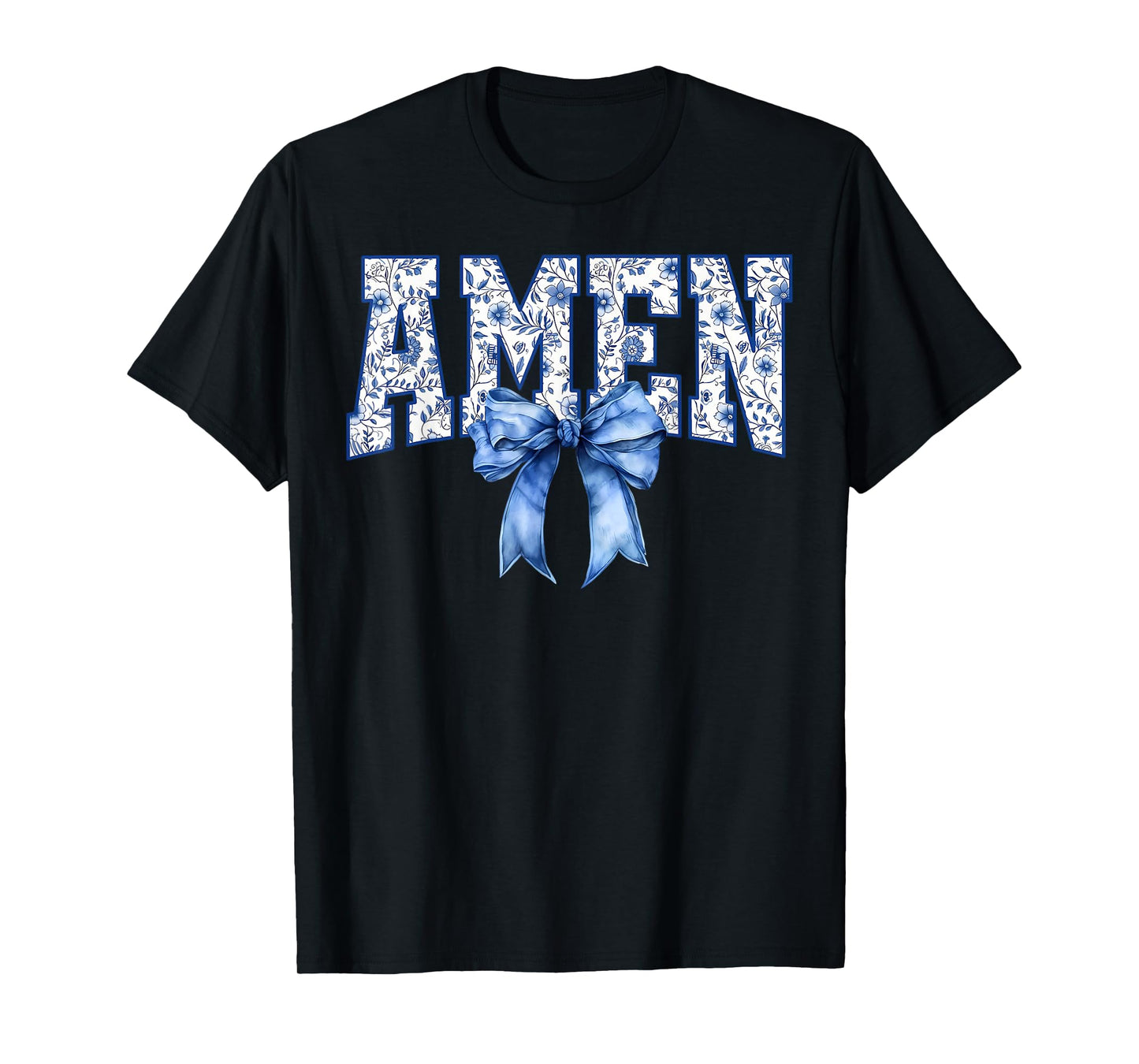 Amen Floral Toile Blue Coquette Bow Religious Faith Jesus T-Shirt