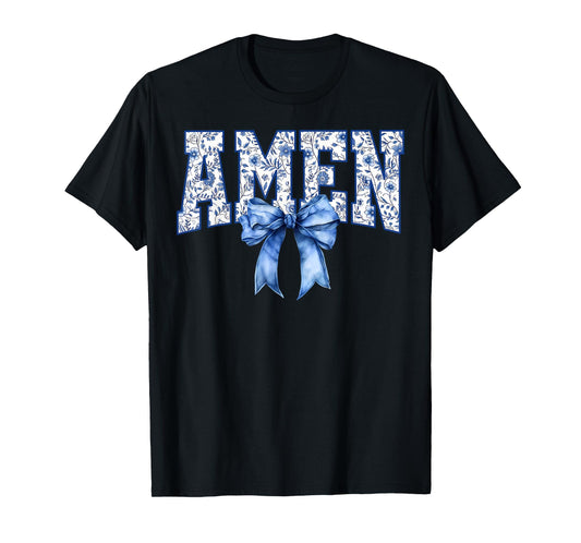 Amen Floral Toile Blue Coquette Bow Religious Faith Jesus T-Shirt