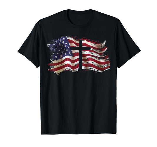 American Flag Cross for Patriotic USA Christians God Faith T-Shirt