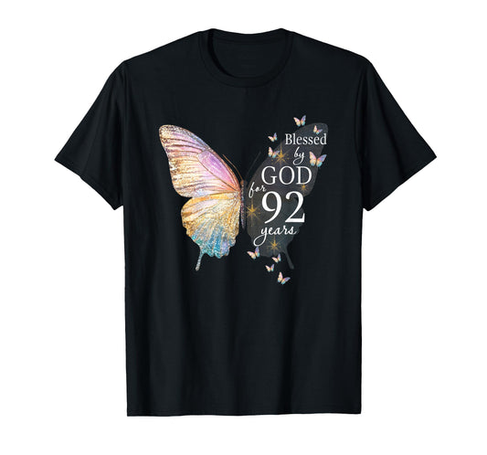 Blessed By God For 92 Years Old Butterfly Art 92nd Birthday T-Shirt