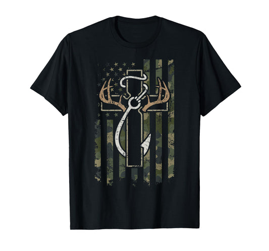 Hunting Fishing Faith - Christian Hunter Fisherman Camo USA T-Shirt