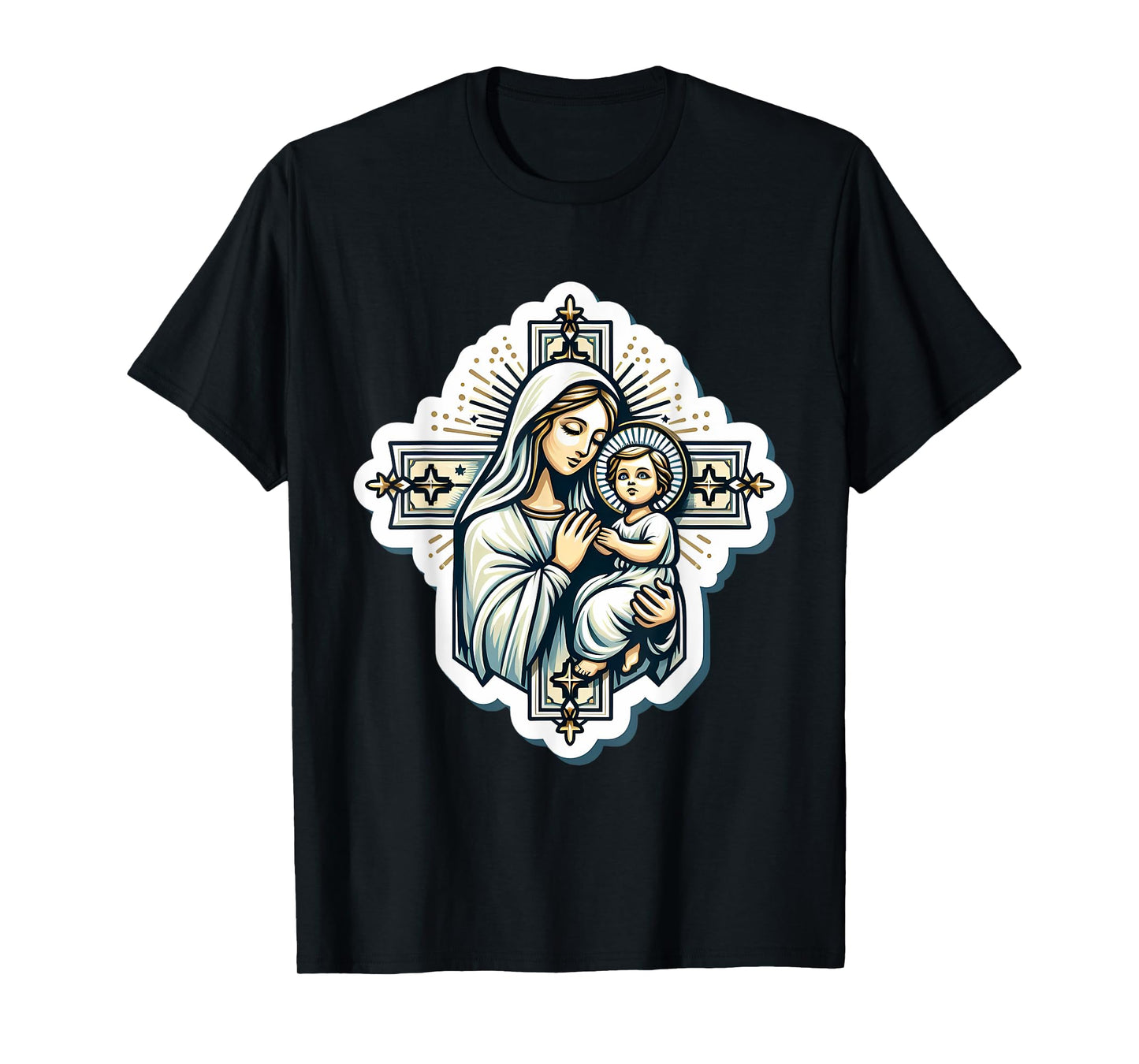 Saint Mary with Baby Jesus Christ Santa Maria Cross Panagia T-Shirt