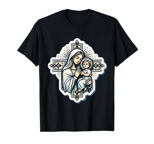 Saint Mary with Baby Jesus Christ Santa Maria Cross Panagia T-Shirt
