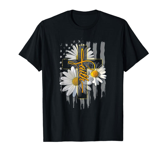 Faith Cross Casual Cross Daisy US Flag Floral T-Shirt
