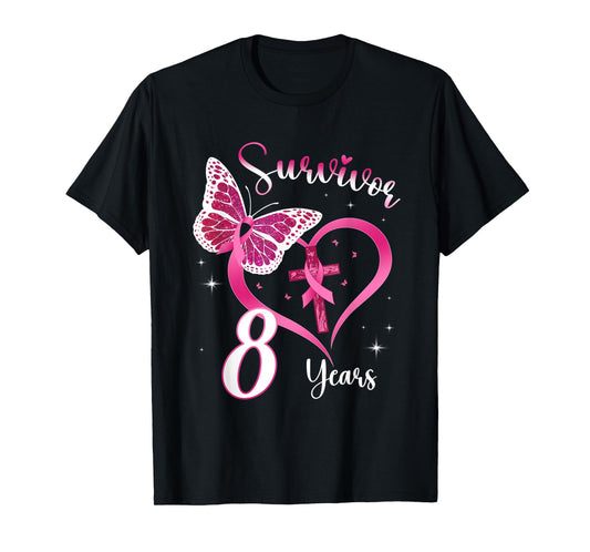 Breast Cancer Survivor Pink Ribbon Butterfly 8 Years Gift T-Shirt