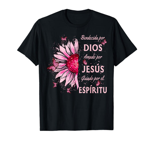 Blessed By God Loved By Jesus Pink Sunflower Spanish T-Shirt