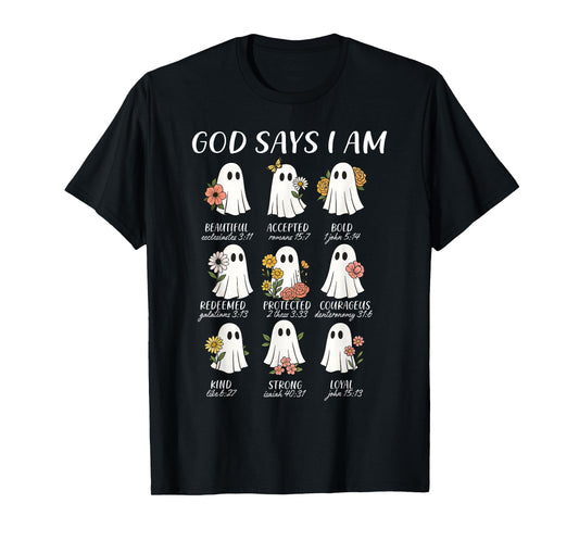 God Says I Am Cute Ghost Floral Groovy Halloween Christian T-Shirt