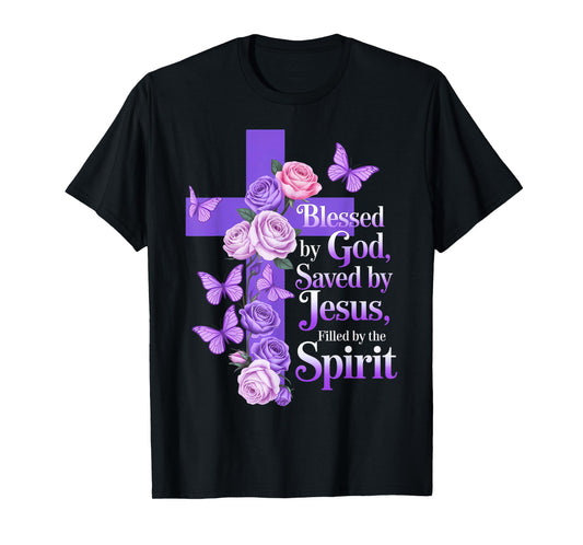 Blessed by God Saved by Jesus Butterfly Cross Christian T-Shirt