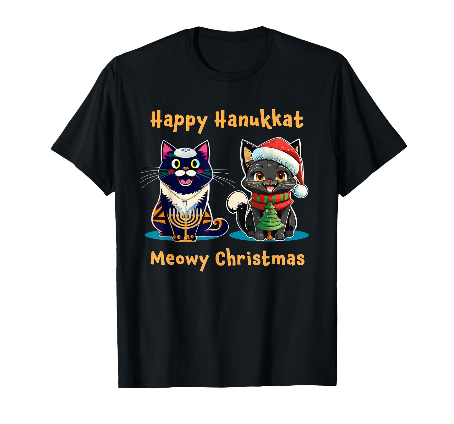 Merry Christmas Happy Hanukkah Jewish Christian Cat Lovers T-Shirt for Men Women Kids