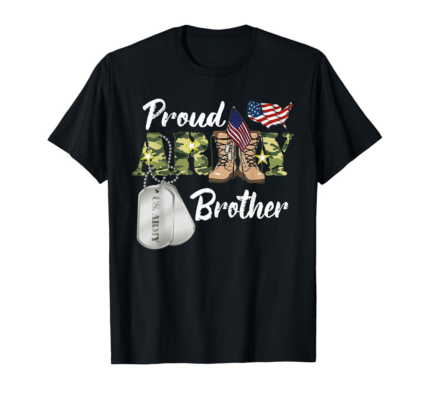 Proud Army Brother Military Brother with Dog Tag US Flag T-Shirt
