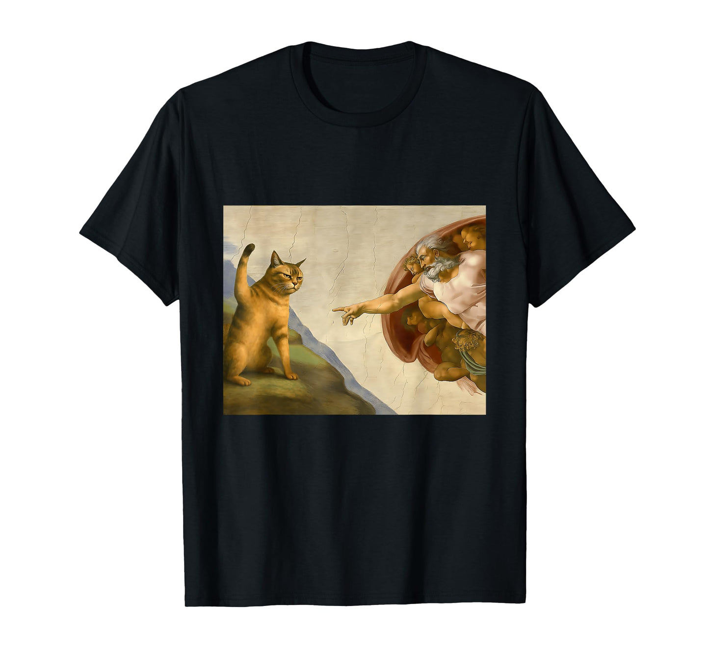 Funny Cat God Creation Of Adam-Michelangelo Jesus Art Meme T-Shirt for Men Women