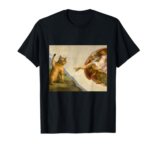 Funny Cat God Creation Of Adam-Michelangelo Jesus Art Meme T-Shirt for Men Women
