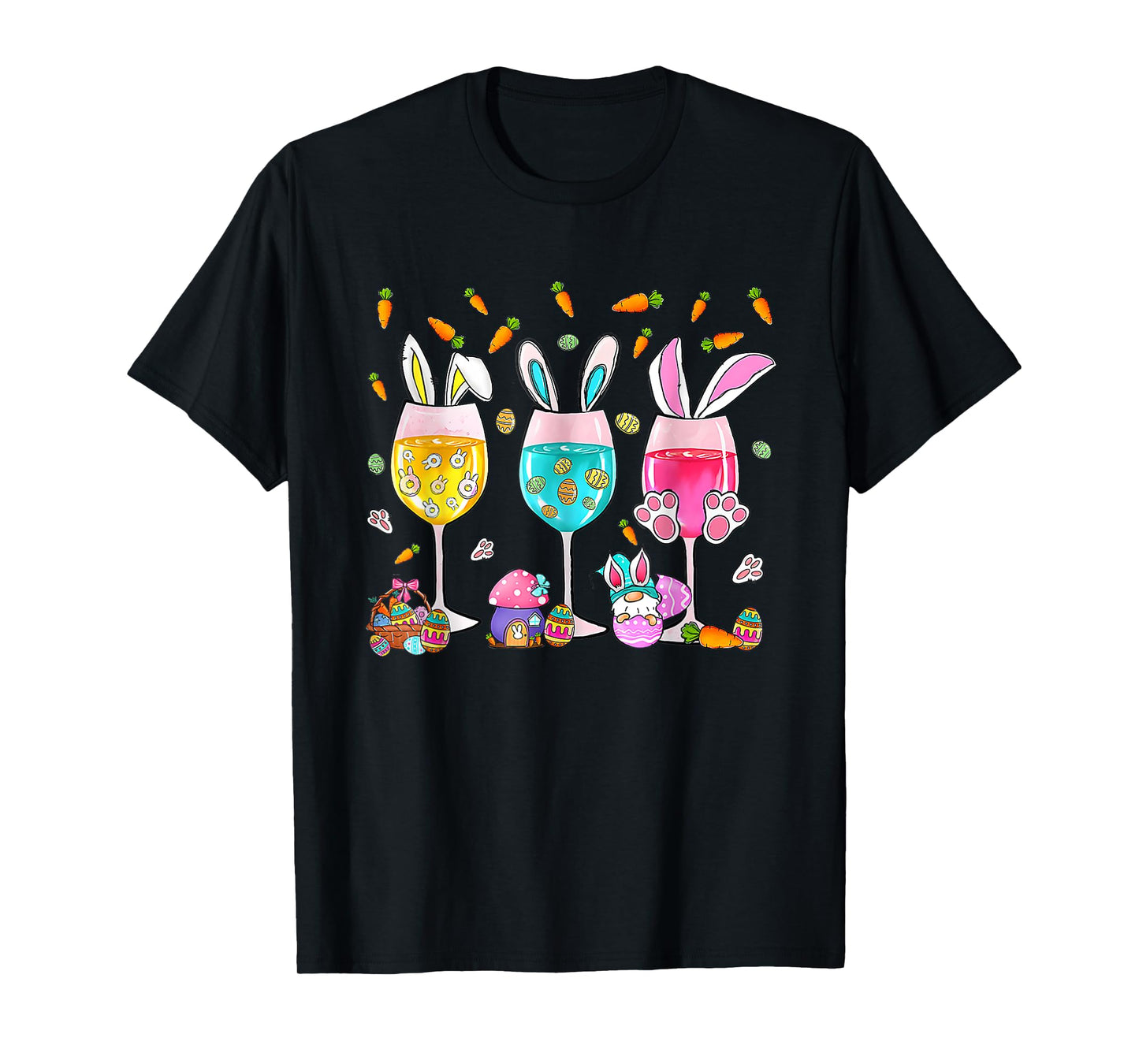 Funny Wine Glasses Bunny With Egg Basket Spring Easter Women T-Shirt