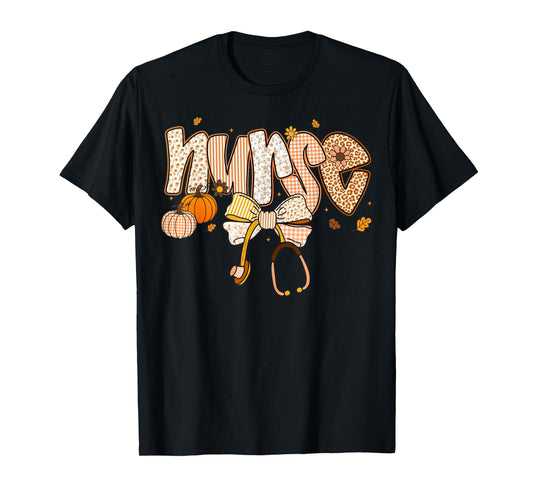 Thankful Nurse Fall Thanksgiving Stethoscope Coquette Bow T-Shirt