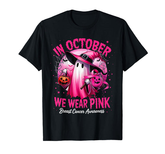 In October We Wear Pink shirt Ghost Breast Cancer Awareness T-Shirt
