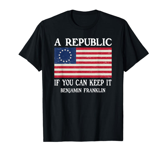 Ben Franklin Quote Designs A Republic, If You Can Keep It T-Shirt - Unisex-Adults, X-Small, Black, Short Sleeve