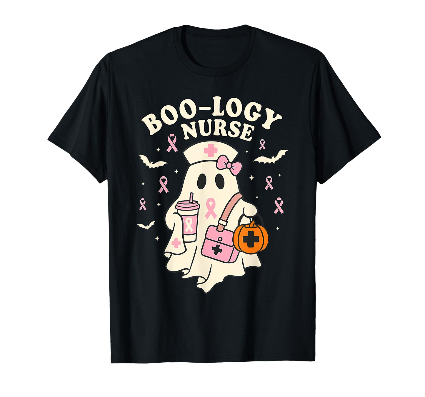 Boo-logy Nurse Ghost Halloween Breast Cancer Awareness T-Shirt