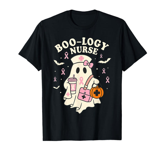 Boo-logy Nurse Ghost Halloween Breast Cancer Awareness T-Shirt