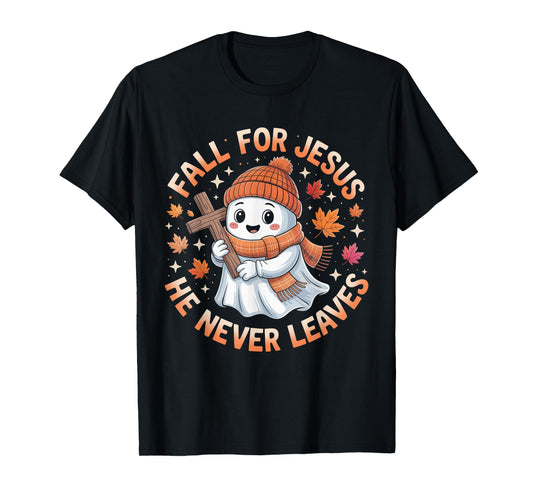 Fall for Jesus He Never Leave Cute Ghost Retro Halloween T-Shirt