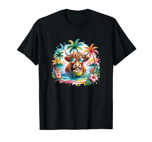 Tropical Highland Cow Summer Vibes Funny Beach Girls Women T-Shirt